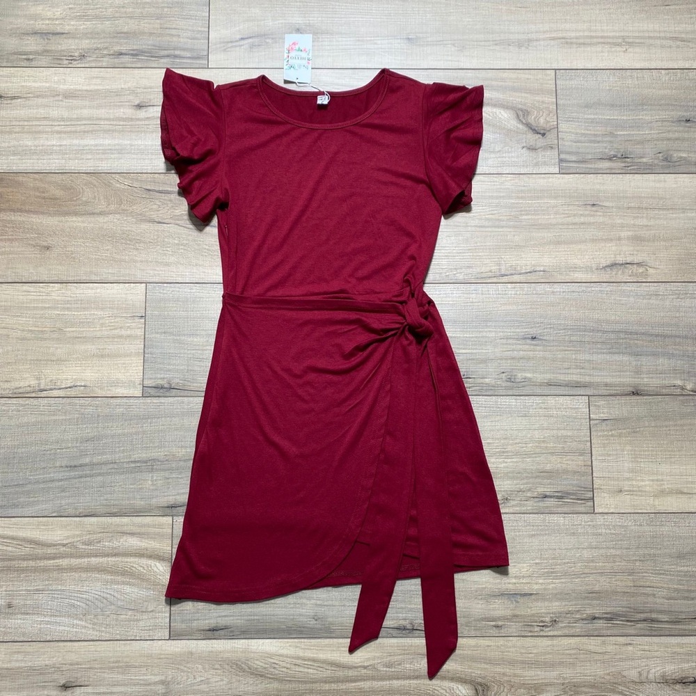 Helyo Womens Faux Wrap Flutter Sleeve‎ Dress With Tie Size Small Burgundy
